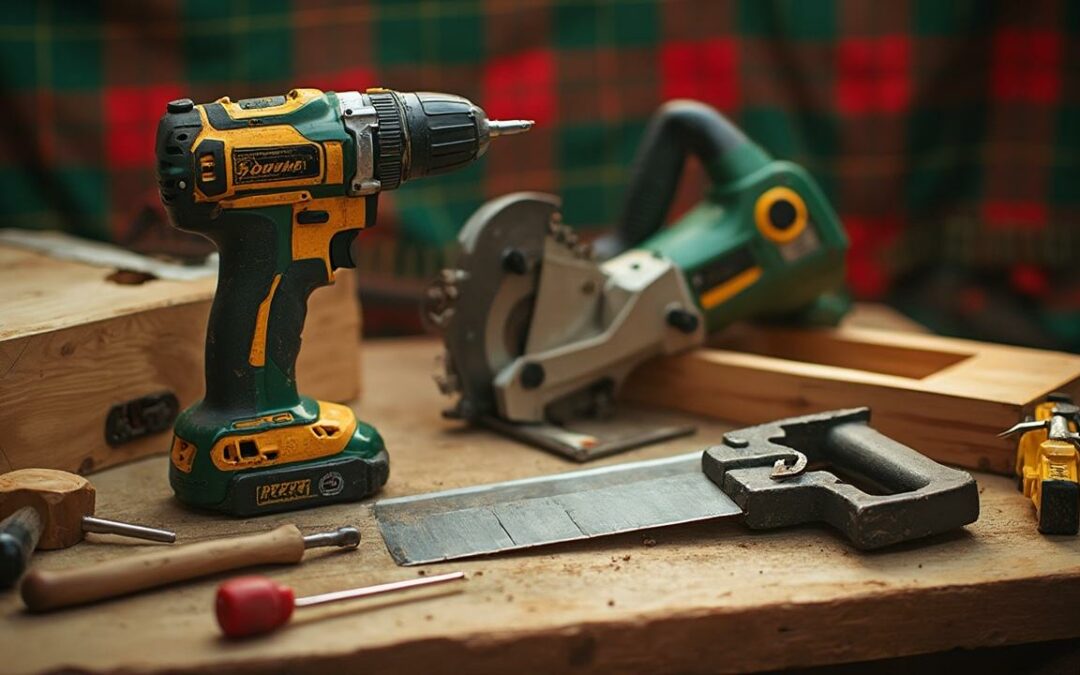 Outils de bricolage sur la surface en bois avec fond coloré