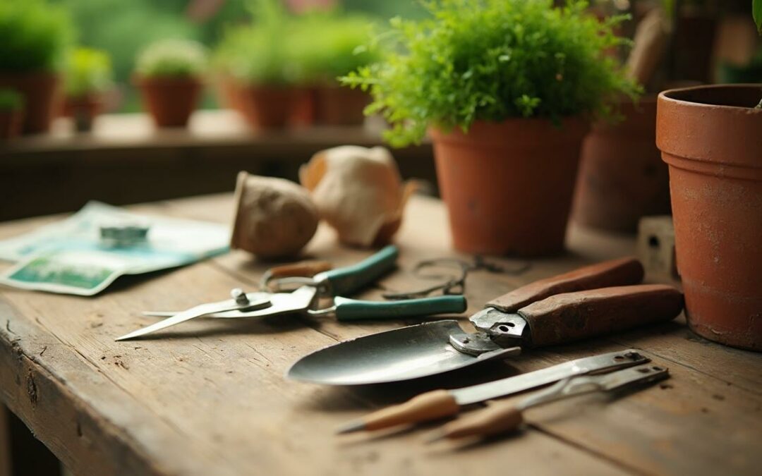 Gros plan sur des outils de jardinage posés sur une table en bois