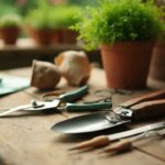 Gros plan sur des outils de jardinage posés sur une table en bois